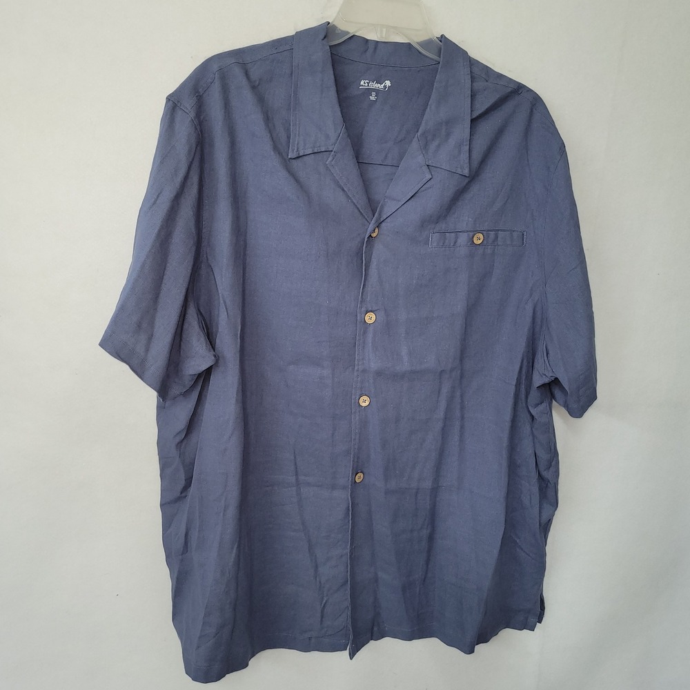 KS Island Shirt Mens 2XL Big Blue Linen‎ Rayon Short Sleeve Button Up Camp Shirt